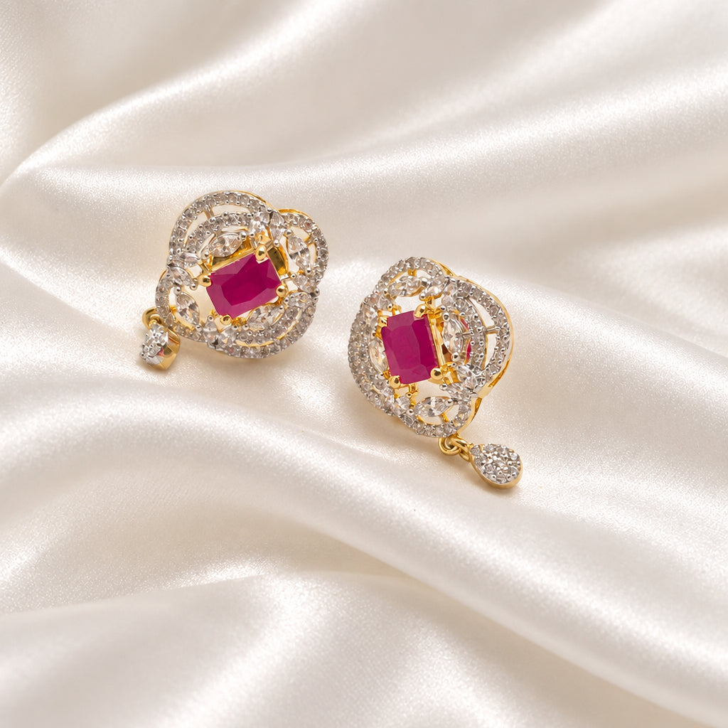 Gold-Plated Rectangular Ruby Red Zircon Drop Earrings