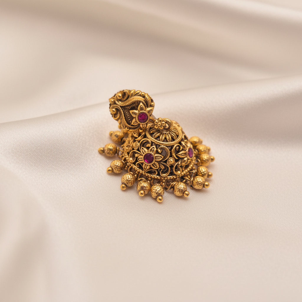 Antique Gold-Plated Peacock and Floral Motif Jhumka Earrings