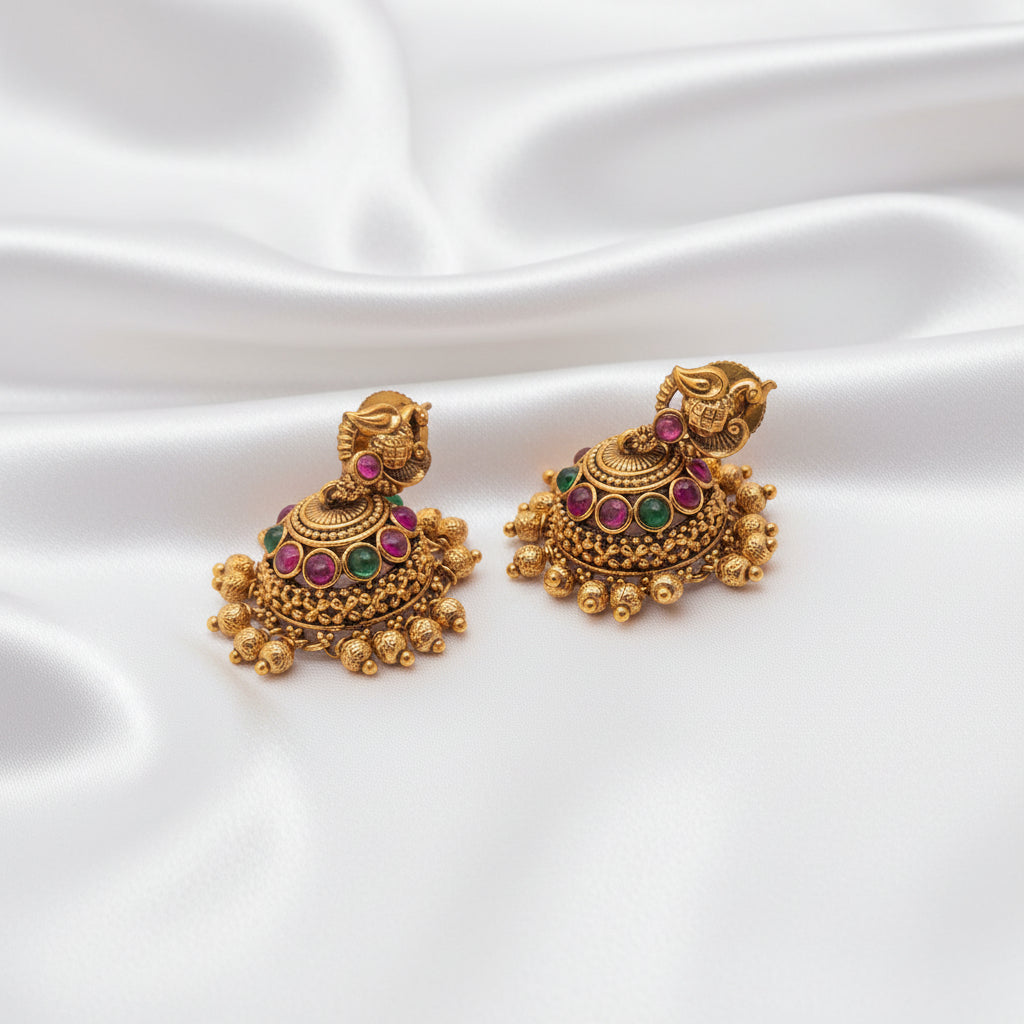 Antique Gold-Plated Kemp Stone Traditional Jhumka Earrings