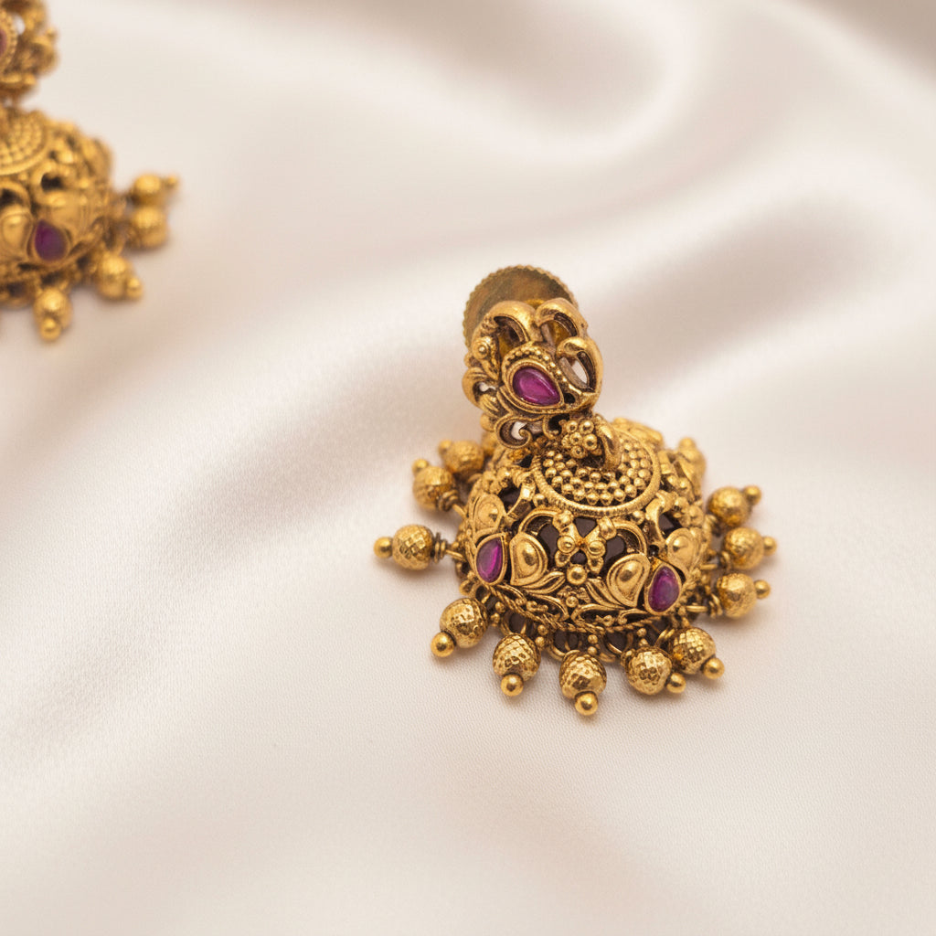 Traditional Antique Gold-Plated Peacock Motif Jhumka Earrings