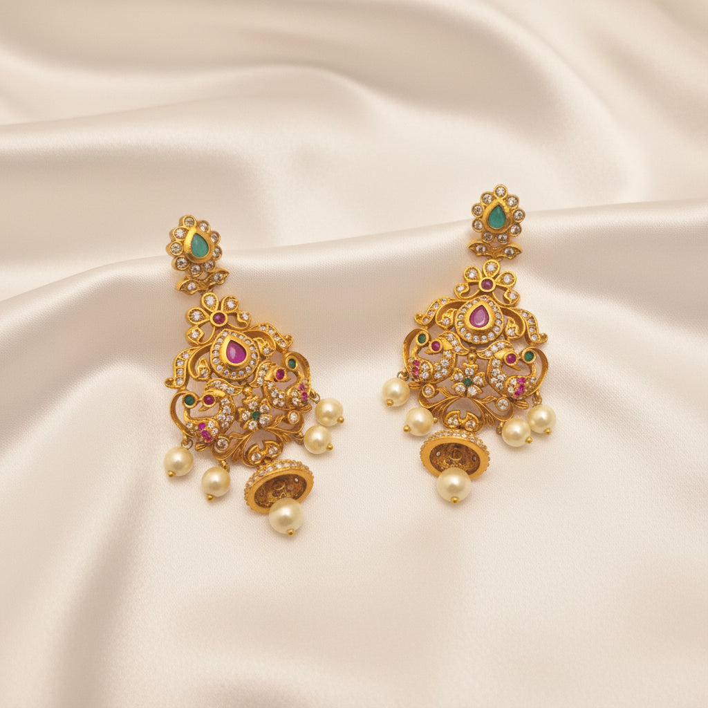 Antique Gold-Plated Multistone Peacock Chandbali Earrings