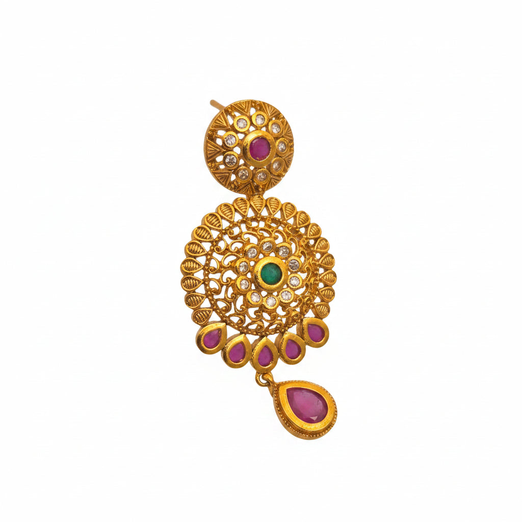 Antique Gold-Plated Multistone Circular Chandbali Earrings