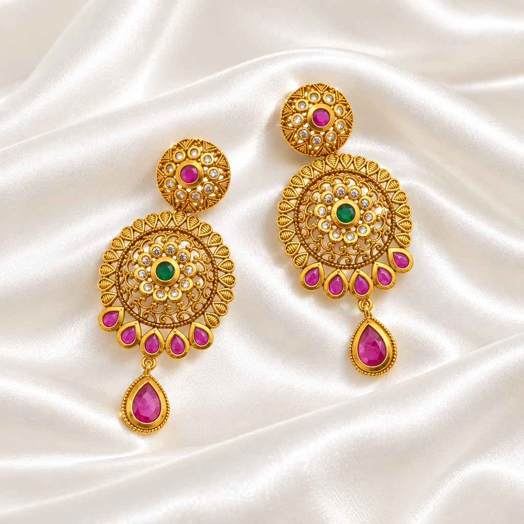 Antique Gold-Plated Multistone Circular Chandbali Earrings