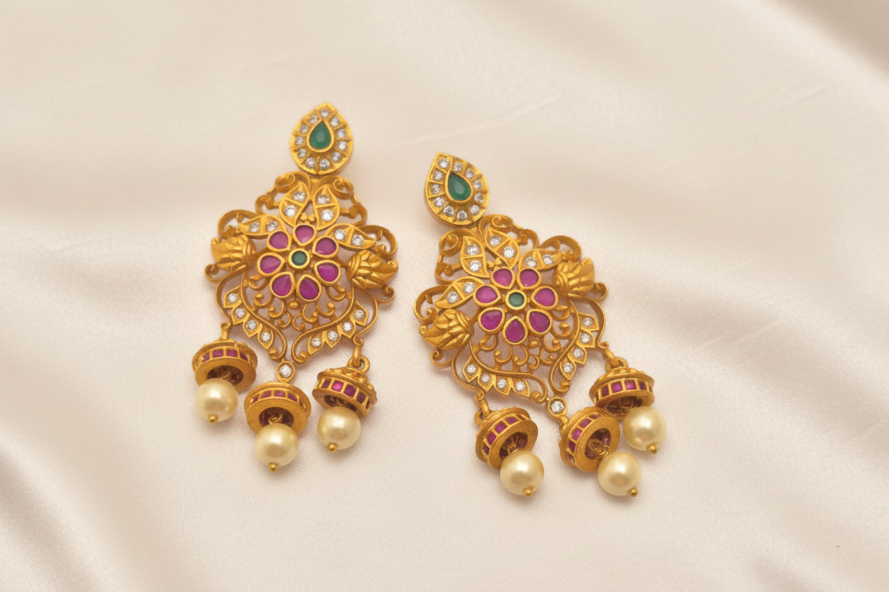 Antique Gold-Plated Multistone Floral Chandbali Earrings with Mini Jhumka Bell