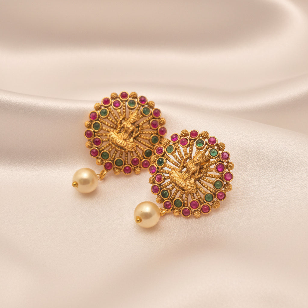 Antique Gold-Plated Goddess Lakshmi Sunburst Temple Earrings