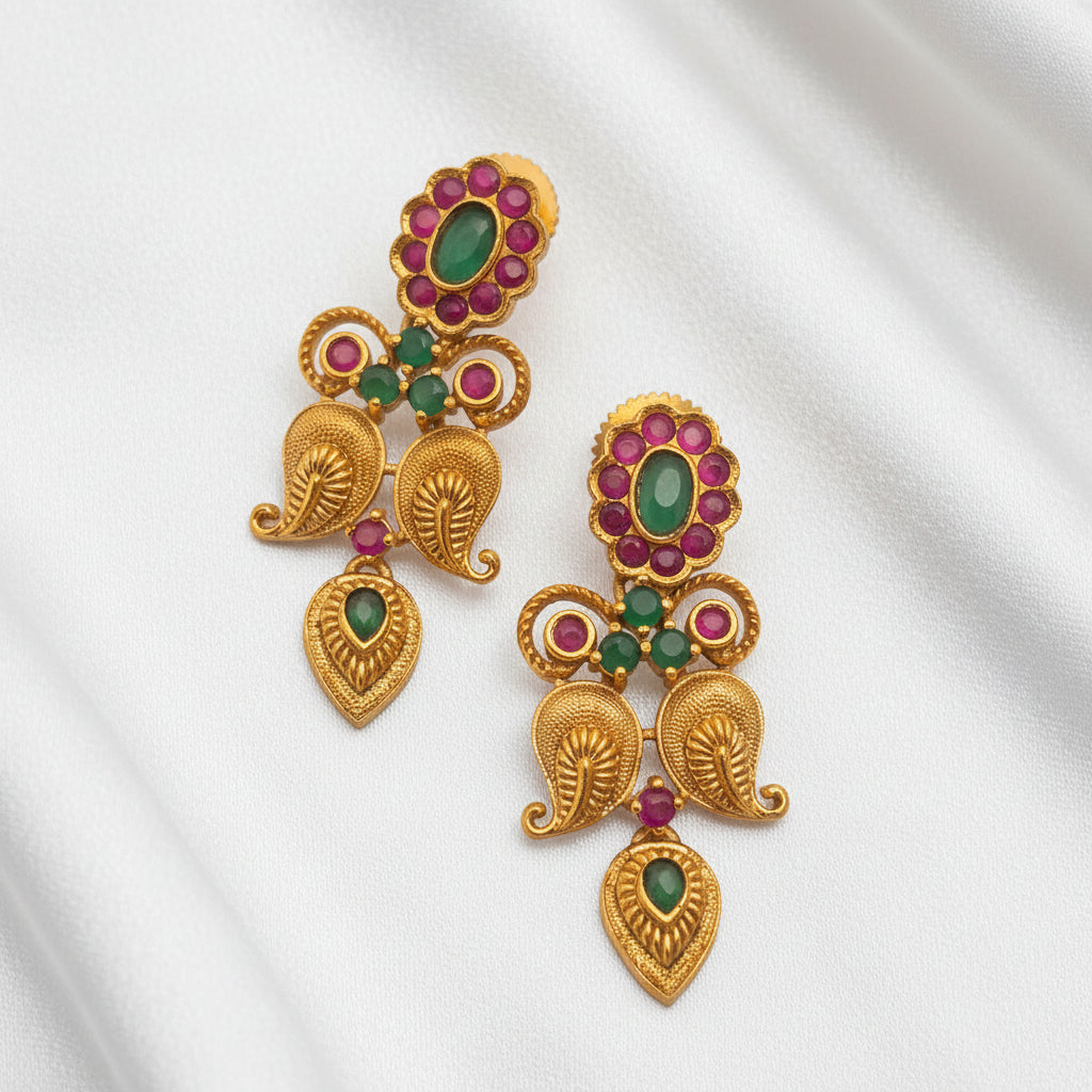 Gold-Plated Paisley Motif Kemp Stone Drop Earrings
