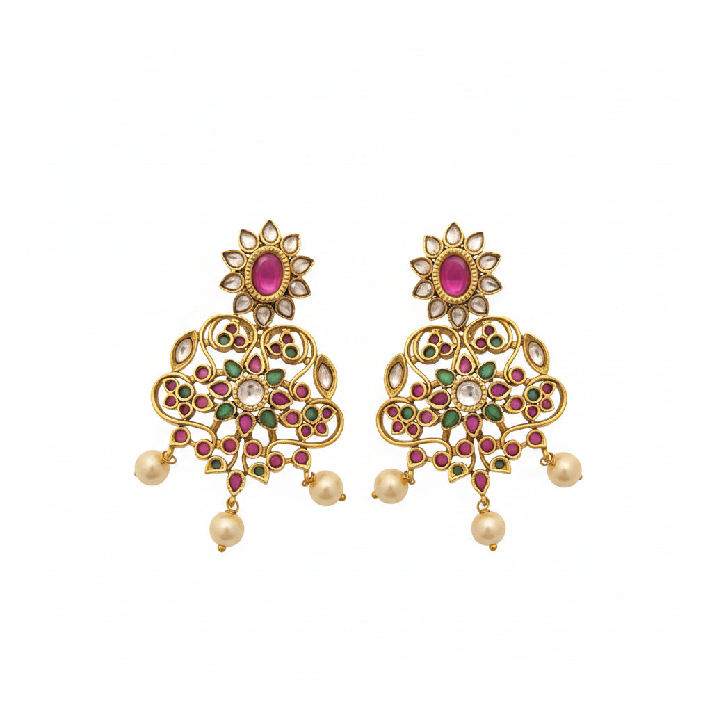 Gold-Plated Kemp Stone Floral Chandbali Earrings
