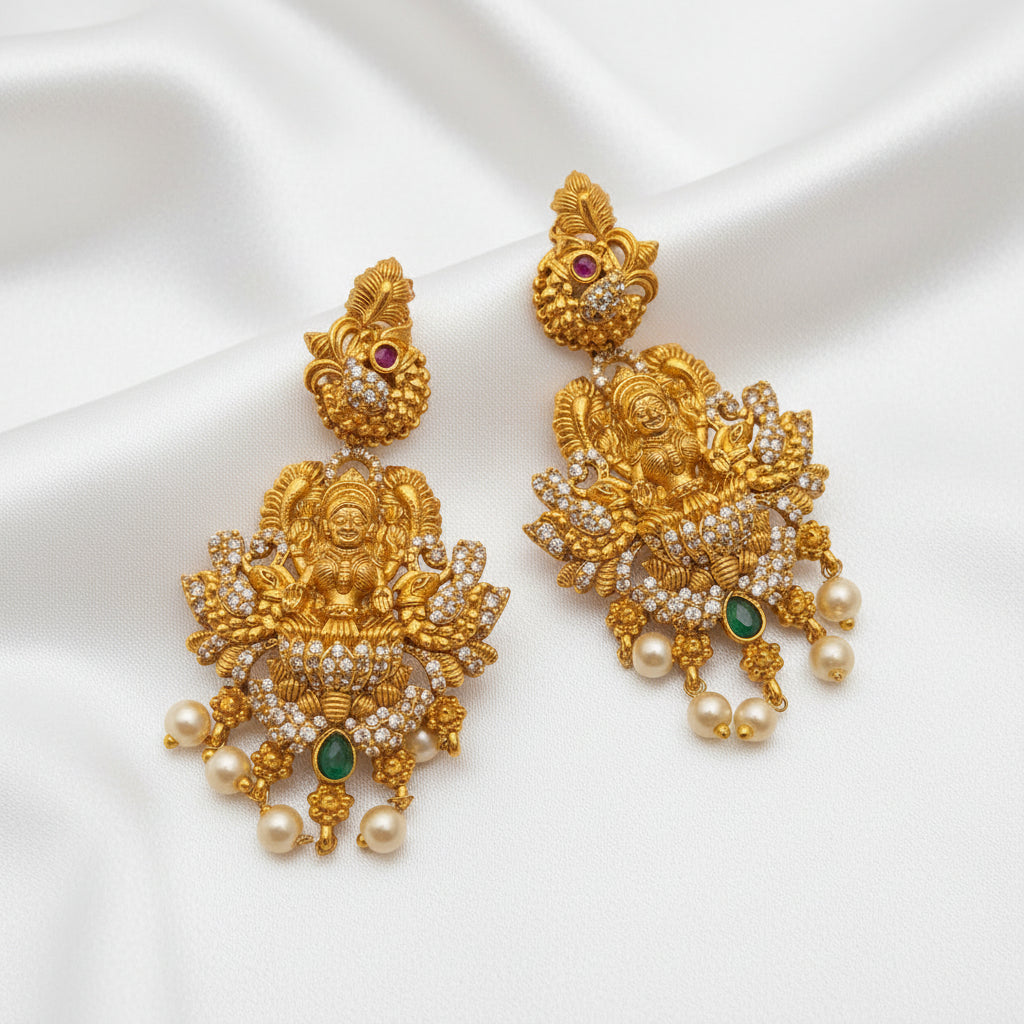 Gold-Plated Gajalakshmi Temple Chandbali Earrings