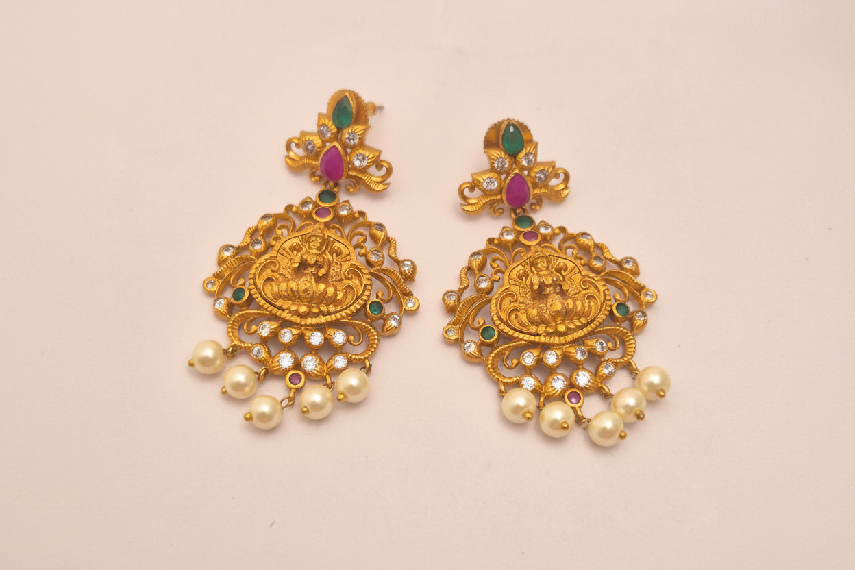 Antique Gold-Plated Goddess Lakshmi Temple Chandbali Earrings