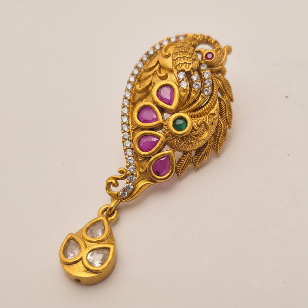 Antique Gold-Plated Peacock Paisley Drop Earrings with Kemp Stones