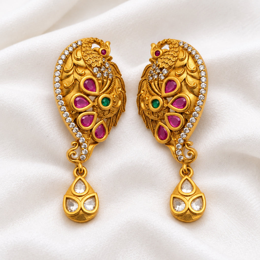 Antique Gold-Plated Peacock Paisley Drop Earrings with Kemp Stones