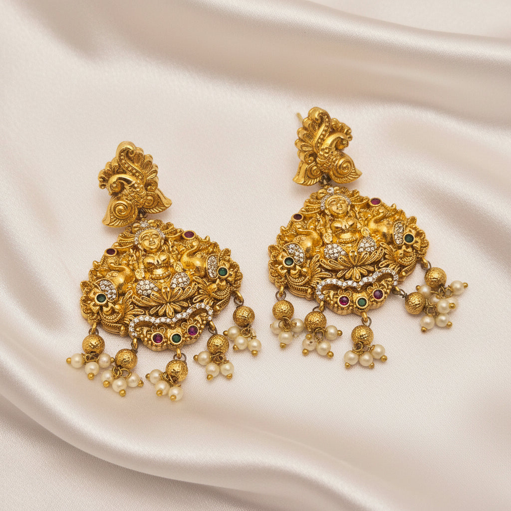 Antique Gold-Plated Gajalakshmi Temple Earrings with Pearls