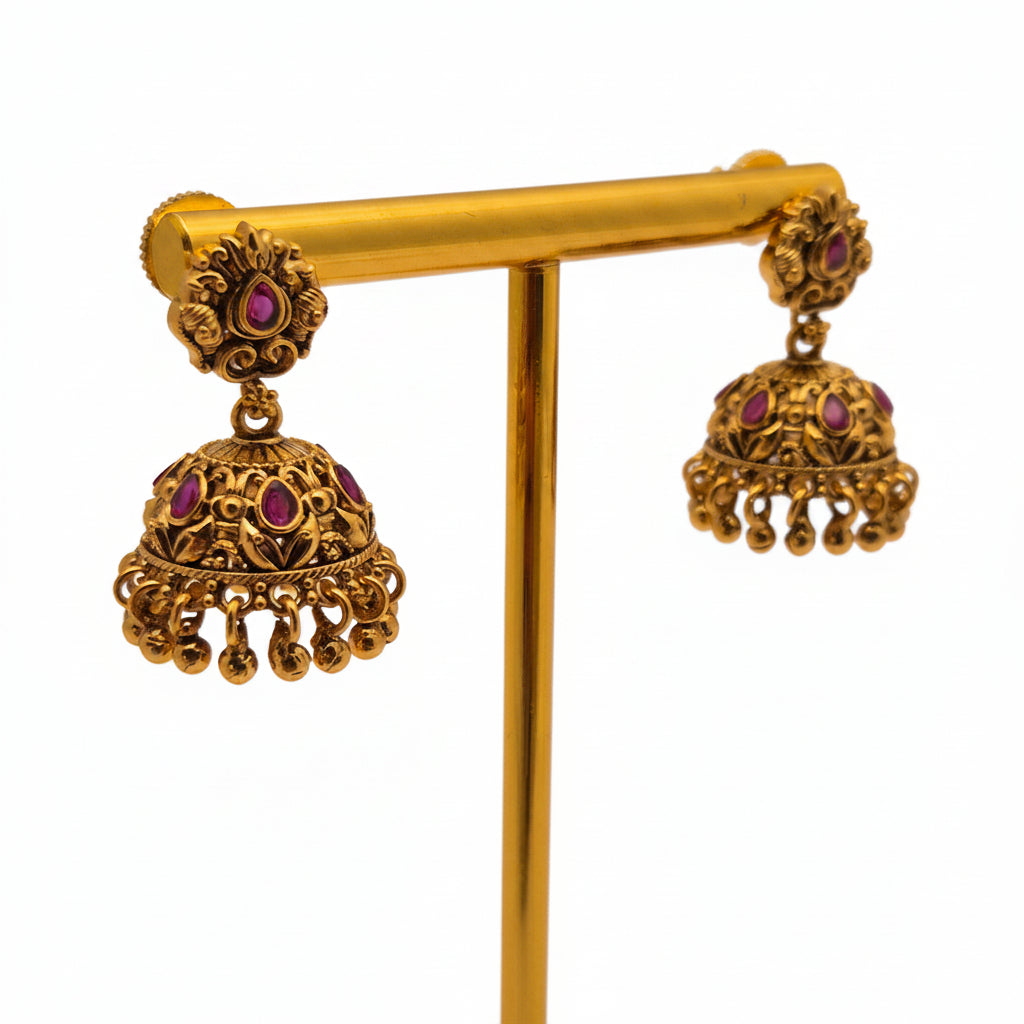 Traditional Temple Round Stud Ruby Jhumkis with Ball Drops