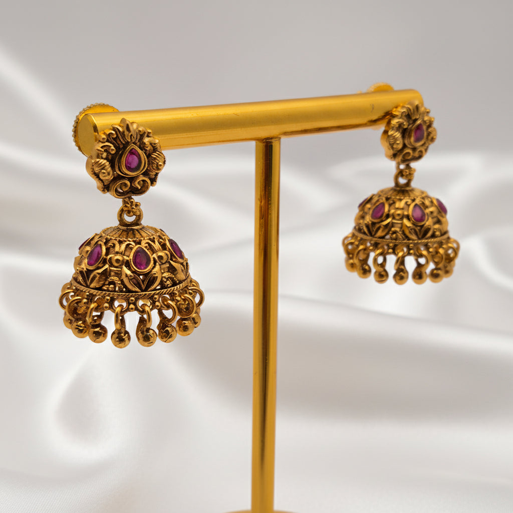 Traditional Temple Round Stud Ruby Jhumkis with Ball Drops