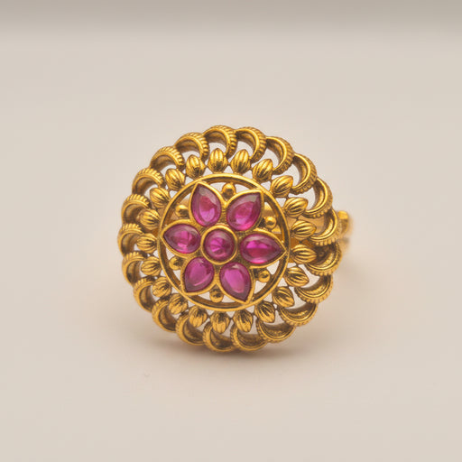 Matte Gold Six-Petal Ruby Floral Motif Statement Ring