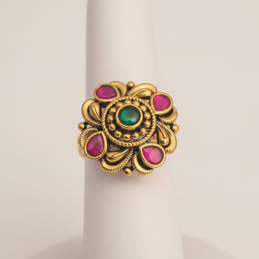 Antique Gold Central Green & Ruby Stone Floral Statement Ring