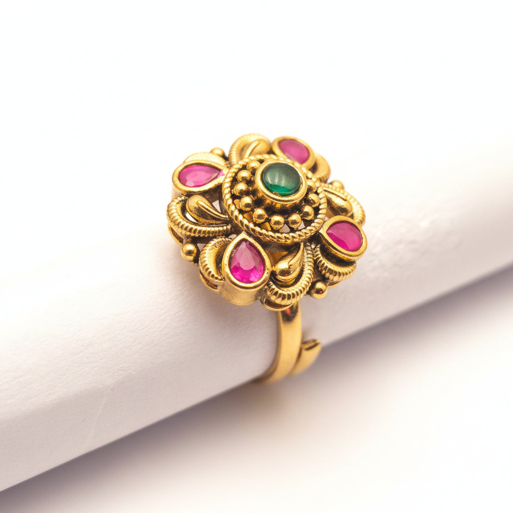 Antique Gold Central Green & Ruby Stone Floral Statement Ring