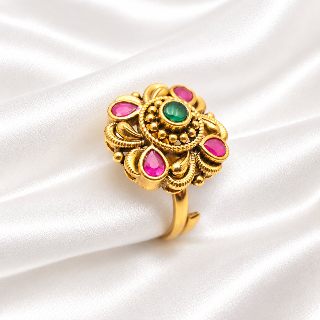 Antique Gold Central Green & Ruby Stone Floral Statement Ring