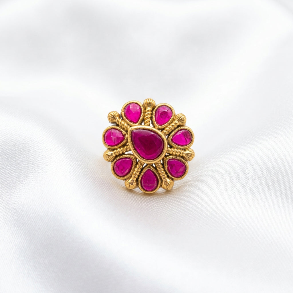 Antique Gold Teardrop Ruby Cluster Statement Finger Ring