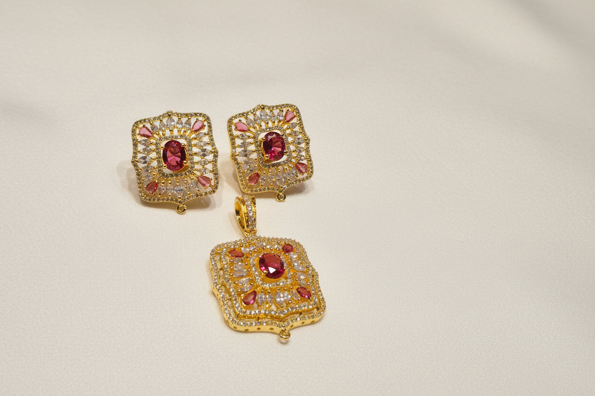 Gold-Plated CZ Red Rectangular Frame Pendant Set with Earrings