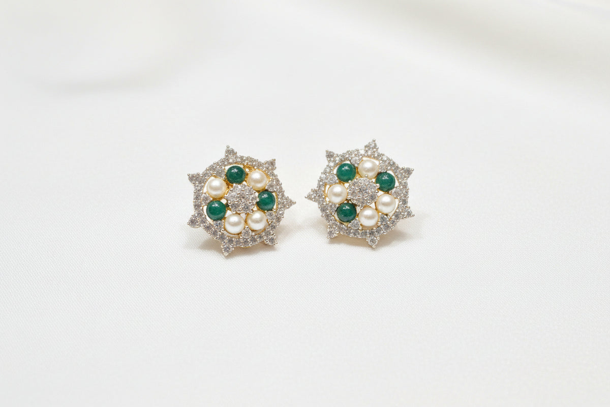 Gold-Plated CZ Green Stone & Pearl Round Mugappu Set with Earrings