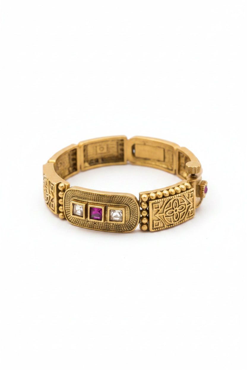 Gold-Plated Ruby and White Stone Hinged Antique Bangle Set