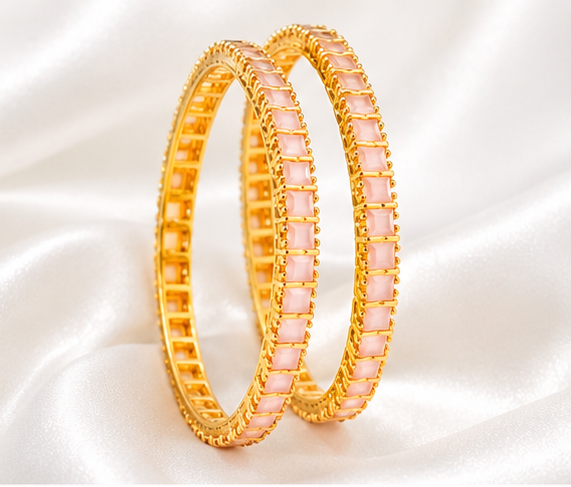 💗Pink Stone Gold Plated Bangles for Women | Elegant Traditional Bangle Set