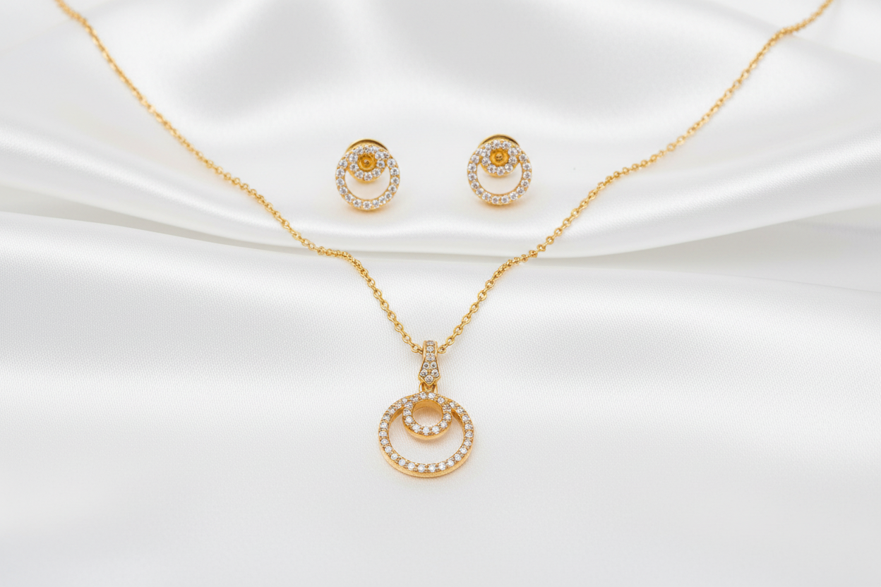 Gold Plated Shimmering CZ Double Circle Pendant Necklace And Studs Set