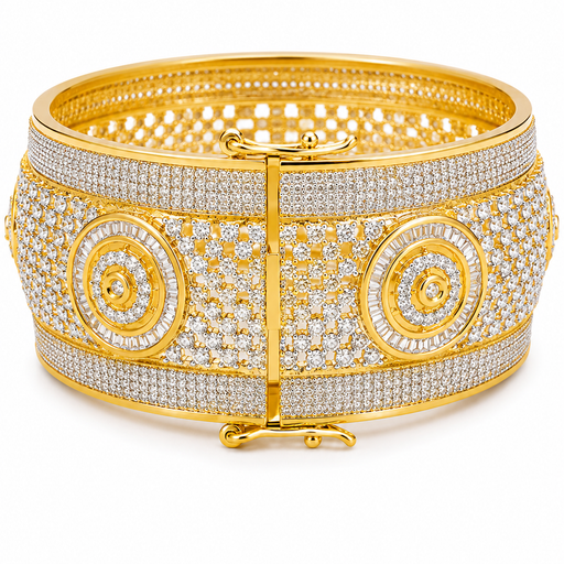 Gold Plated Broad Bangle With Concentric Circular Motifs