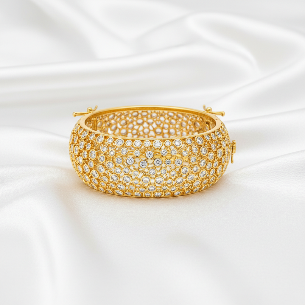 Traditional Wide Profile Bezel Set Round Stone Studded Kada Kangan