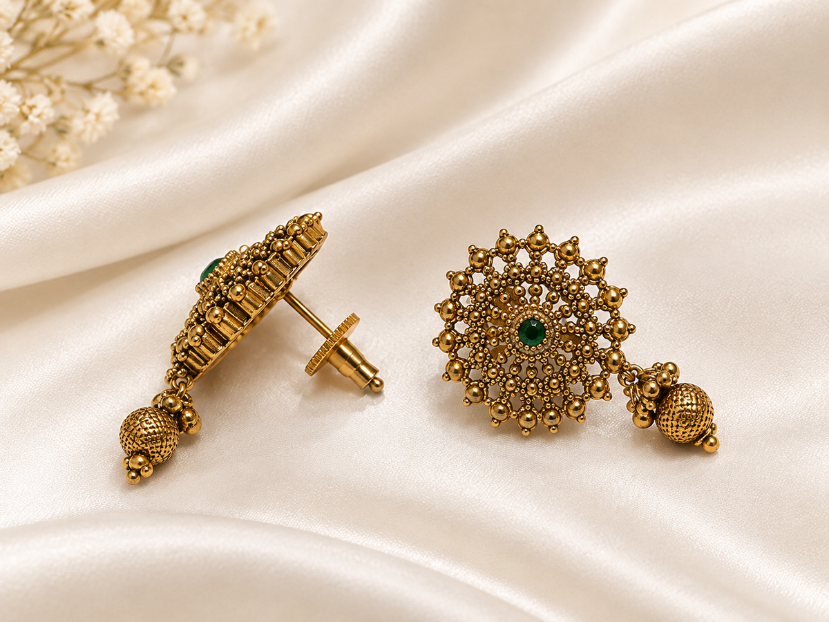 Antique Gold Floral Mandala Stud Earrings with Drops