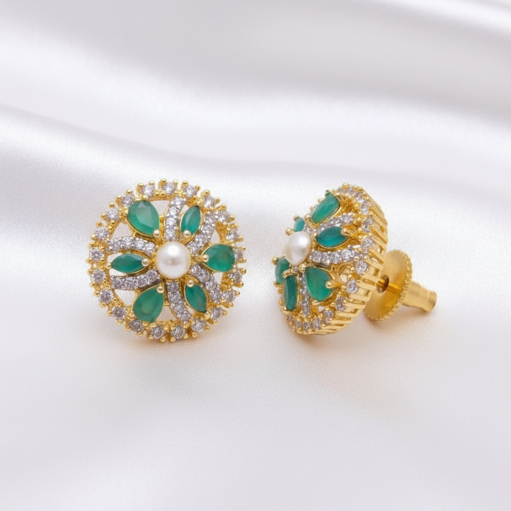 Traditional Ethnic Circular Floral Green Stone Pearl Party Wear Studs