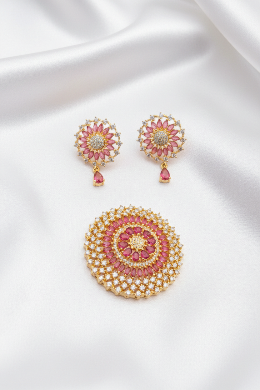 Gold-Plated Circular Pink and White Zircon Stone Mugappu Set