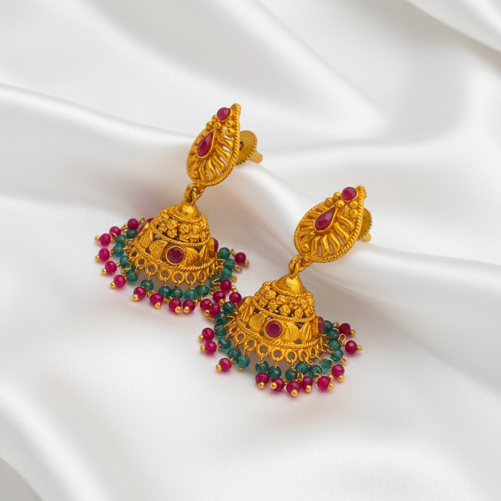 Antique Gold Plated Floral Dome Jhumka Earrings With Multi Color Beads