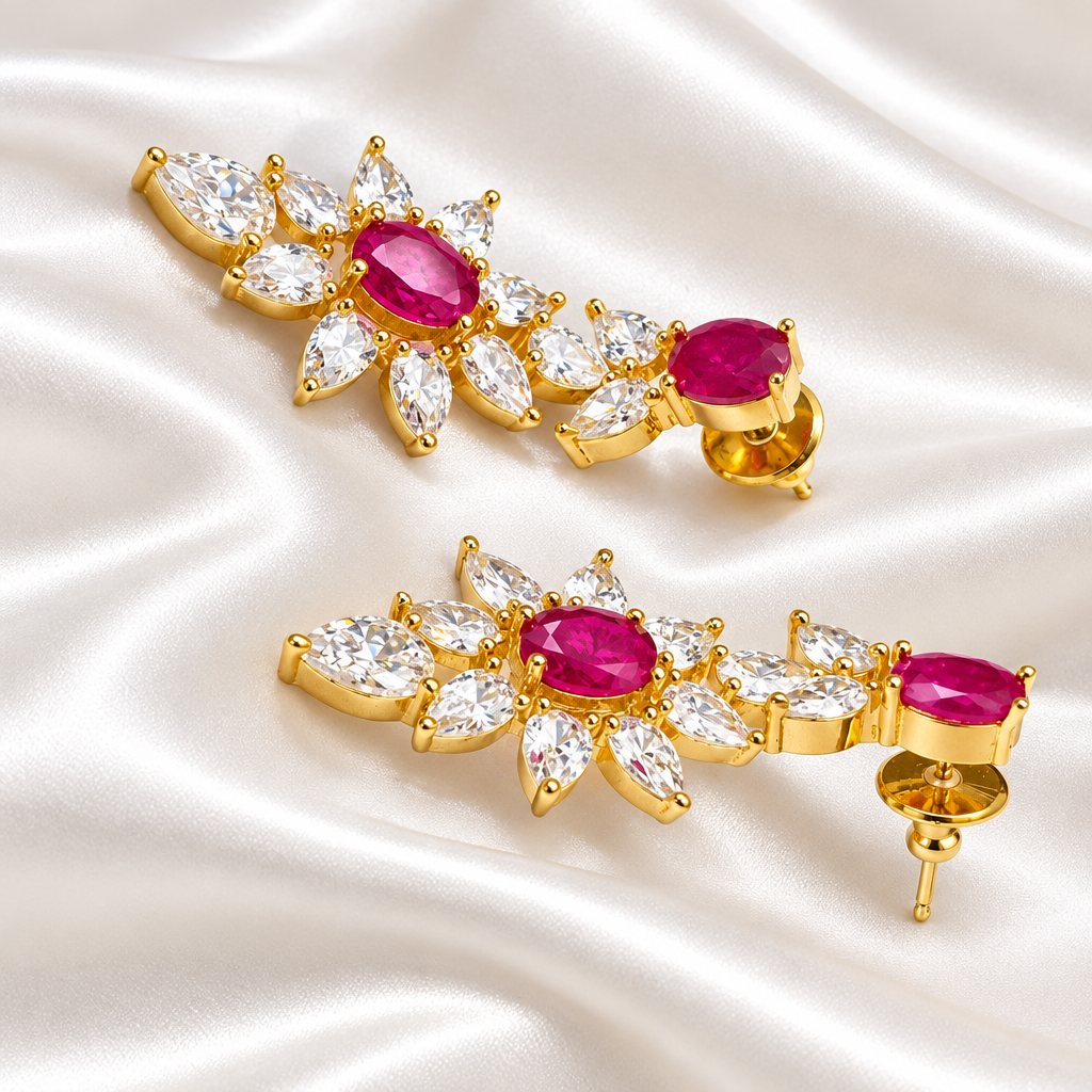 Gold-Plated Oval Ruby and White Zircon Stone Dangle Earrings