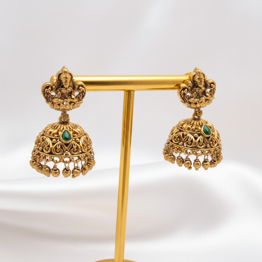 Gold-Plated Antique Goddess Lakshmi Motif Green Stone Jhumkas