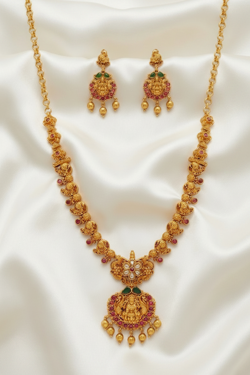 Antique Matte Gold Finish Lakshmi Temple Jewelry Necklace Set with Ruby & Emerald Accents