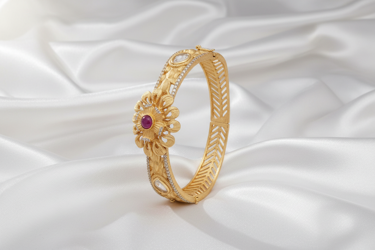 22K Gold Plated Antique Kada Bracelet Gold Floral Statement Cuff Bracelet with Ruby & Crystal Accents