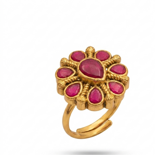 Antique Gold Teardrop Ruby Cluster Statement Finger Ring