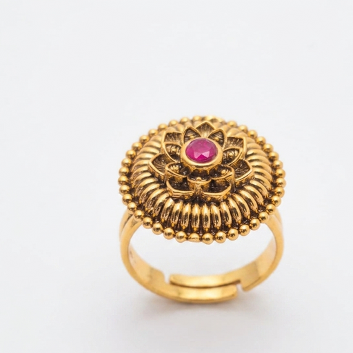Antique Gold Tone Lotus Statement Ring with Ruby Center Stone