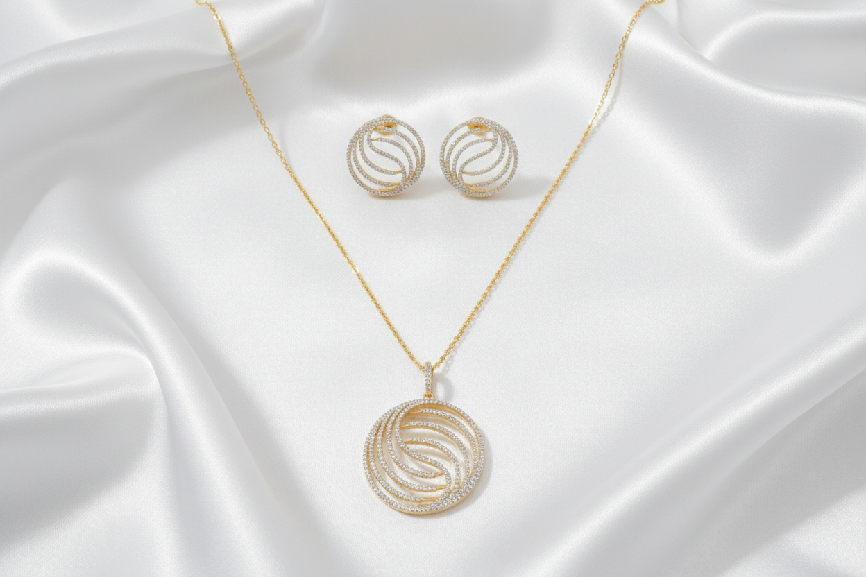 Gold Plated Shimmering CZ Circular Halo Pendant Necklace And Studs Set