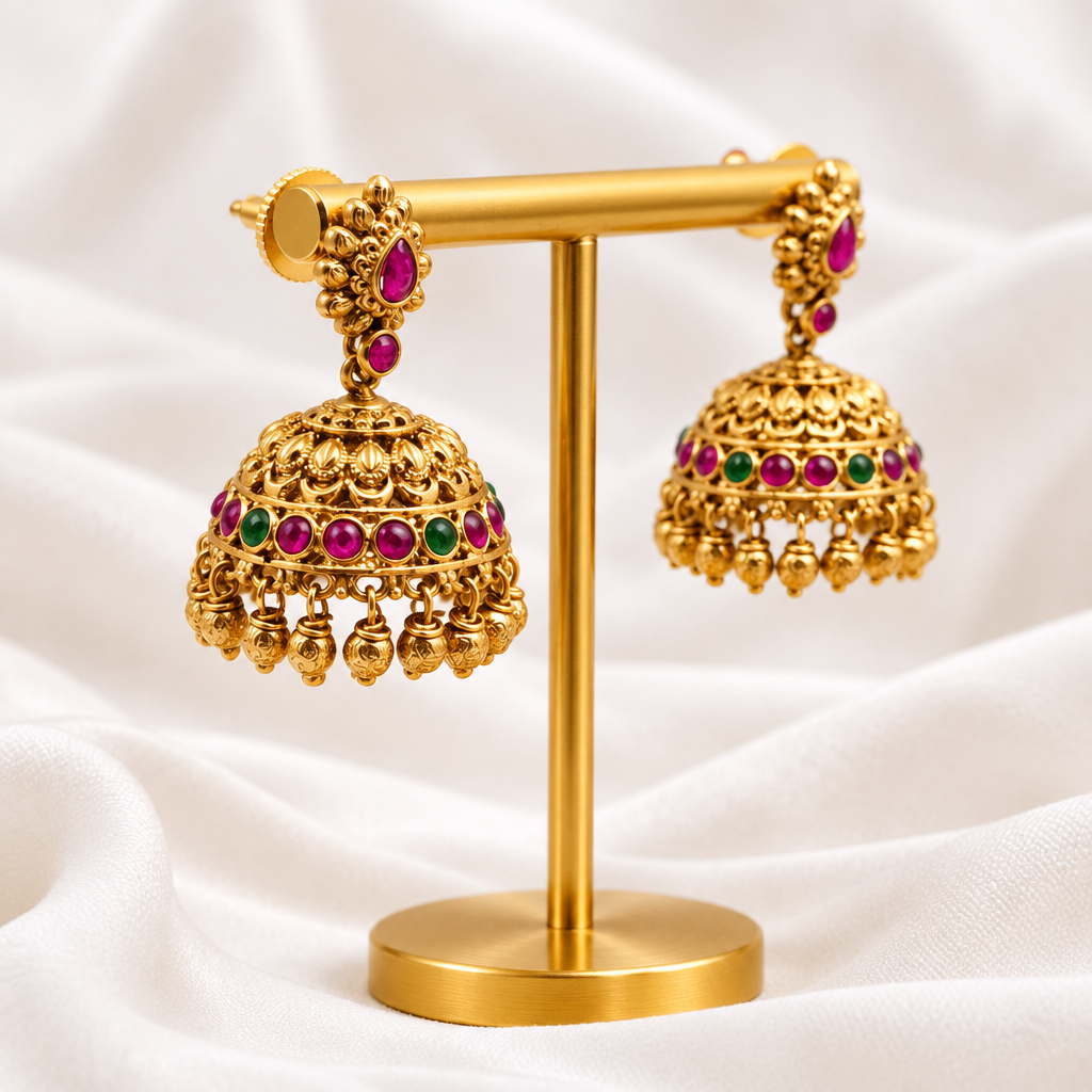 Gold-Plated Antique Traditional Temple Multi-Color Stone Jhumkas