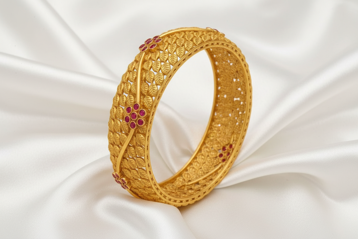 Antique Gold Plated Ruby Floral & Leaf Designer Bangle – Traditional Indian Jewelry