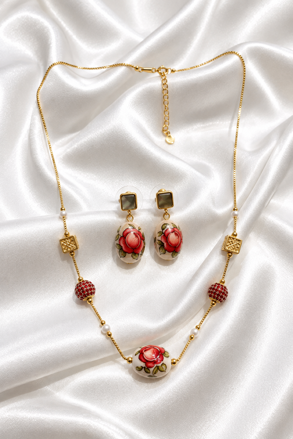 Vintage Hand-Painted Rose Jewelry Set – Floral Ceramic Bead Necklace & Drop Earrings
