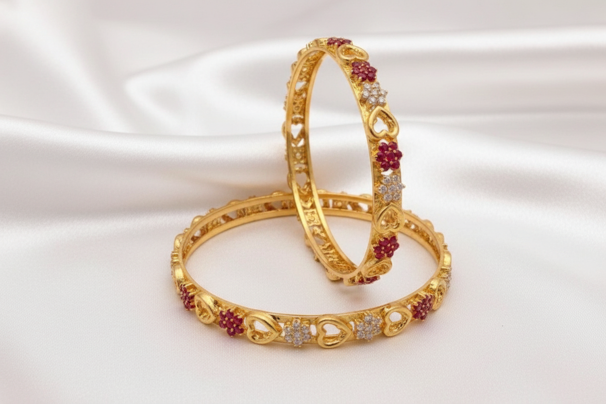Gold Plated Ruby & White Stone Floral Heart Designer Bangle Set