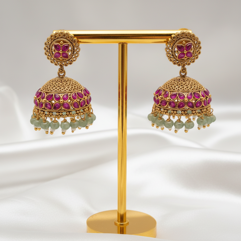 Gold earrings with red gemstones on a white background