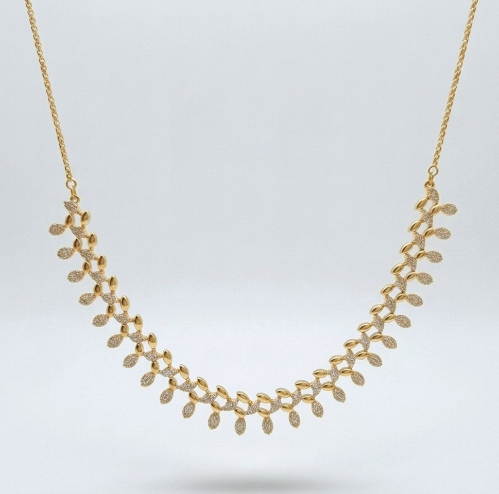 Rose Gold-Plated Double Leaf Vine Zircon Stone Necklace with Earrings