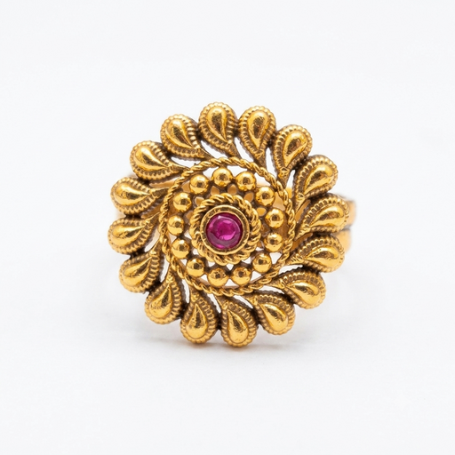 Matte Gold Mango Motif Radial Ruby Stone Finger Ring