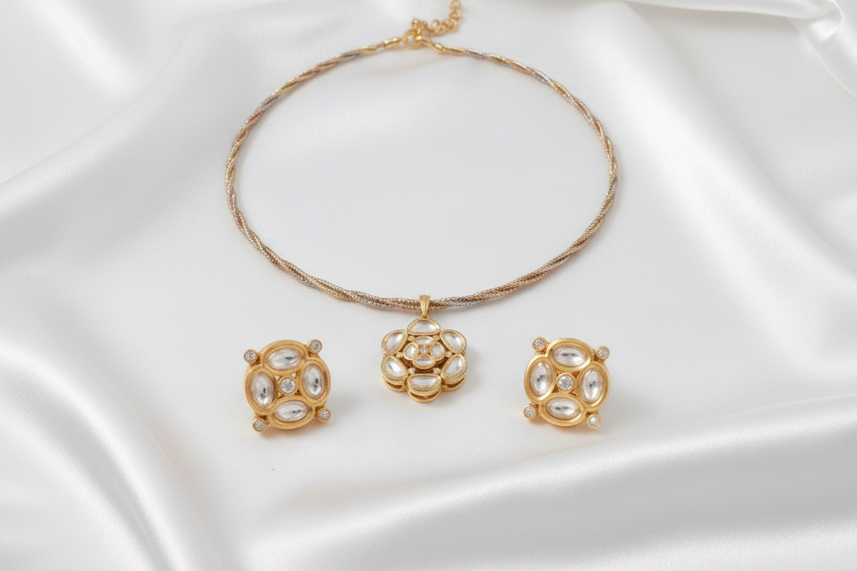 Delicate Gold Plated Floral Pendant Necklace and Stud Earrings Set