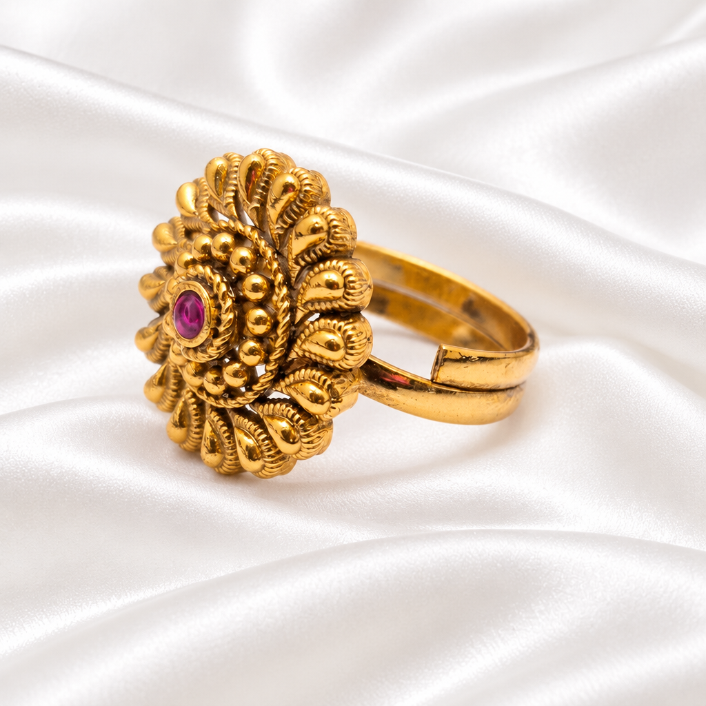 Matte Gold Mango Motif Radial Ruby Stone Finger Ring